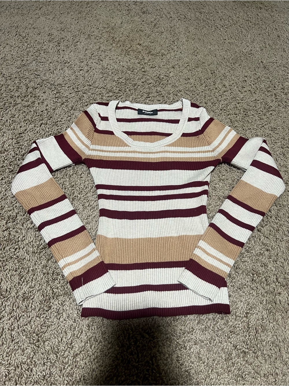 Striped Ribbed Long-Sleeve Tee in Burgundy, Cream & Tan